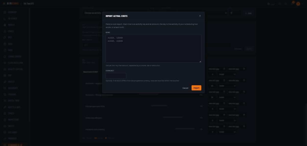 Import actual costs