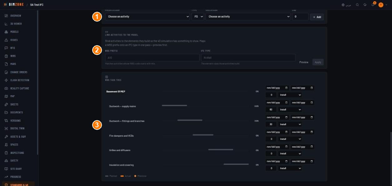 Schedule — links and WBS tree
